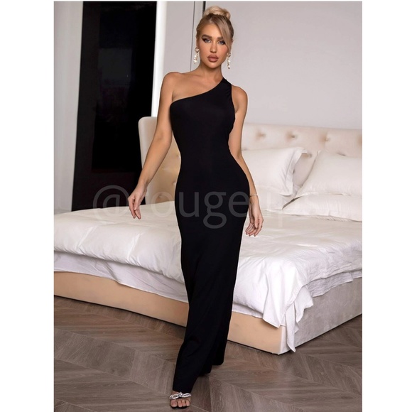 Black Maxi Long Sheath Dress One Shoulder Twisted Back Ruched Back - Picture 3 of 13
